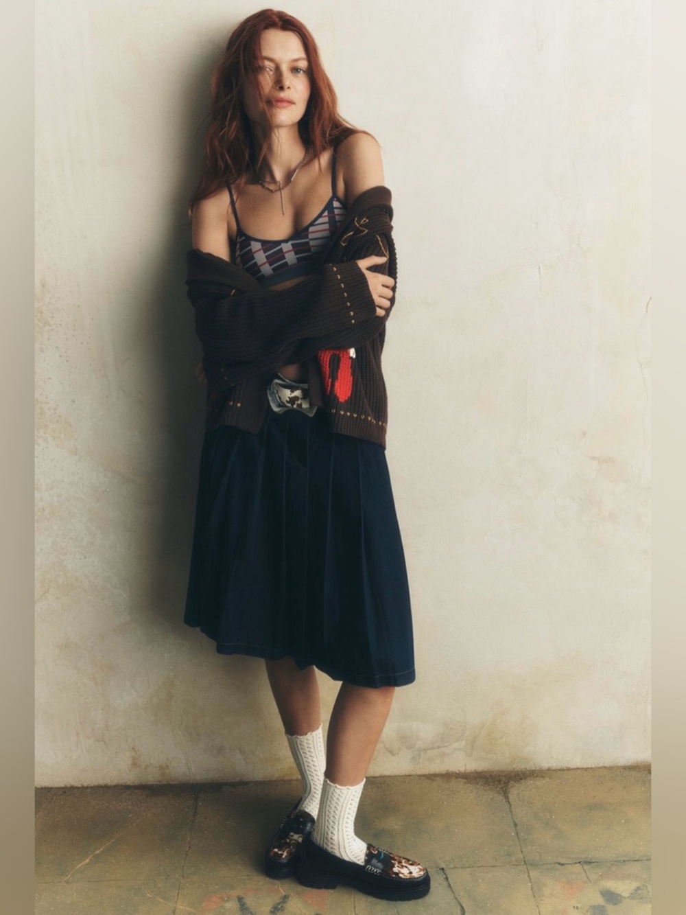7 For All Mankind Navy Pleated Midi Skirt